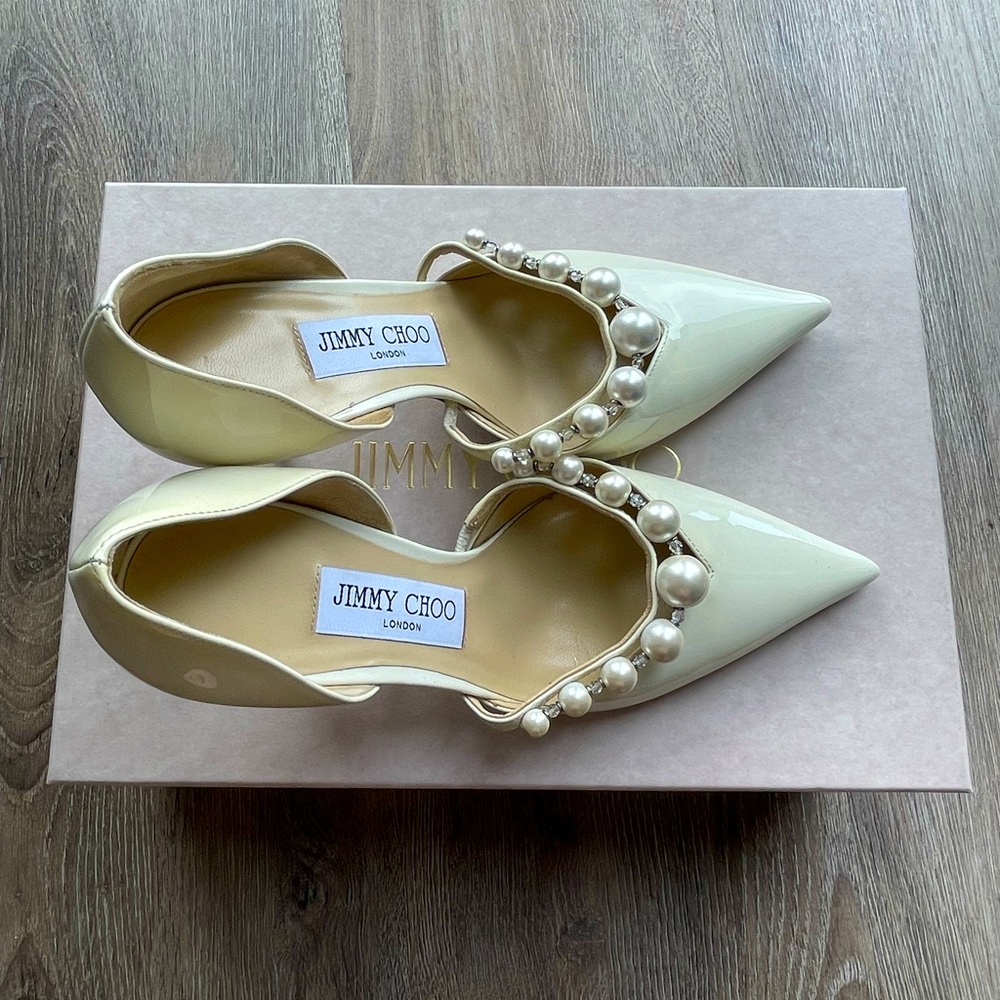 Jimmy Choo | Latte Patent Leather Pointed Pumps with Pearl